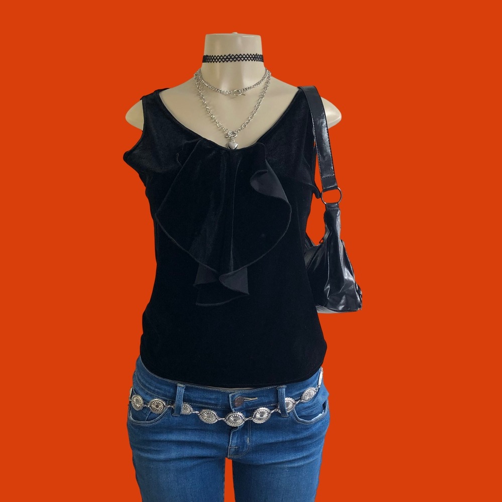 Vintage Y2K Black Velvet Rhinestone Crown Ruffle Tank Top Size M / L Womens